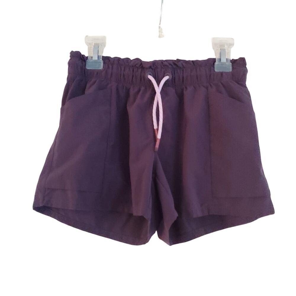 Athleta Girl purple shorts sz L 12 drawstrings side back packets wine elastic